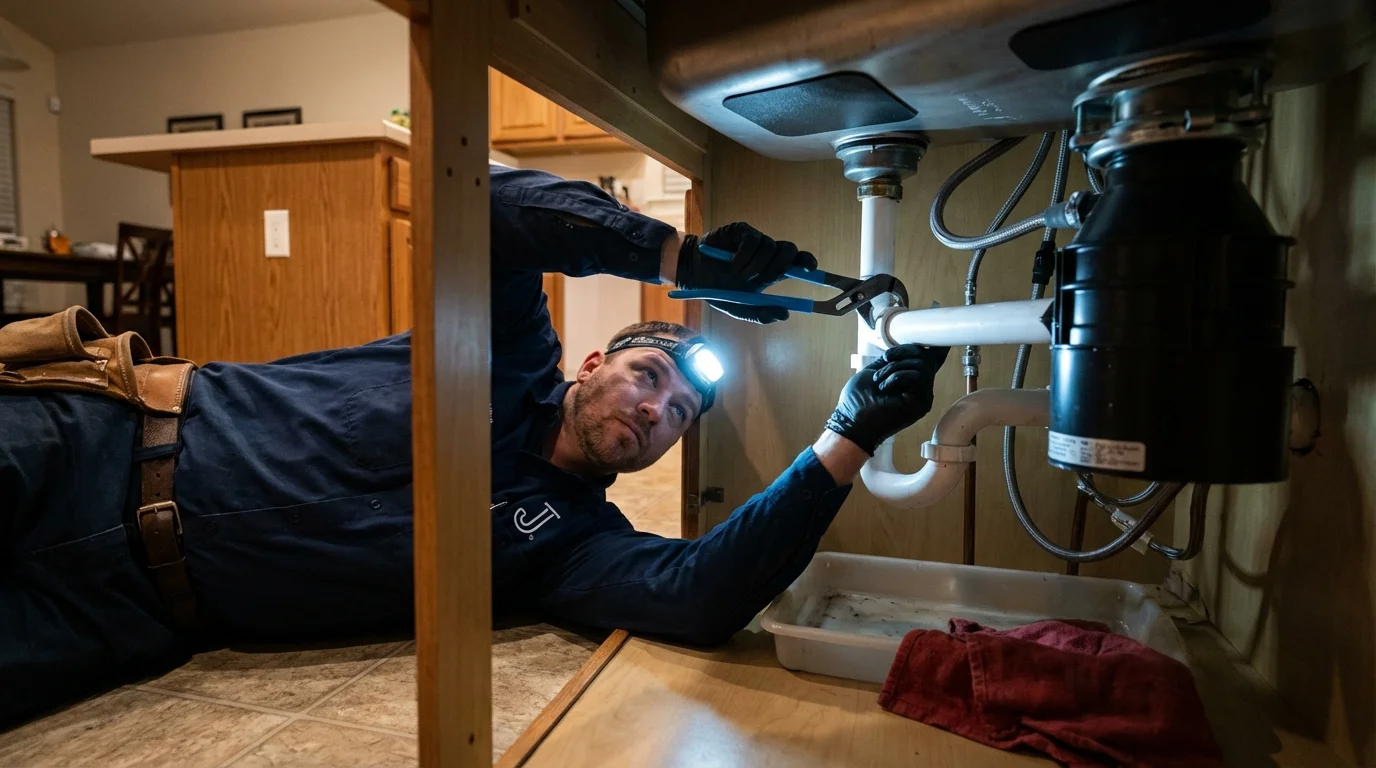 P-trap and supply line connections under a kitchen sink showing a common leak point in Fall City, WA